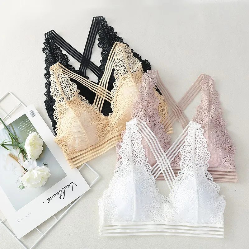 

Women Wide Cross Straps Bra Lace Hollow Floral Underwear Bralette Removable Pad Wireless One Piece Intimates Brassieres Tops