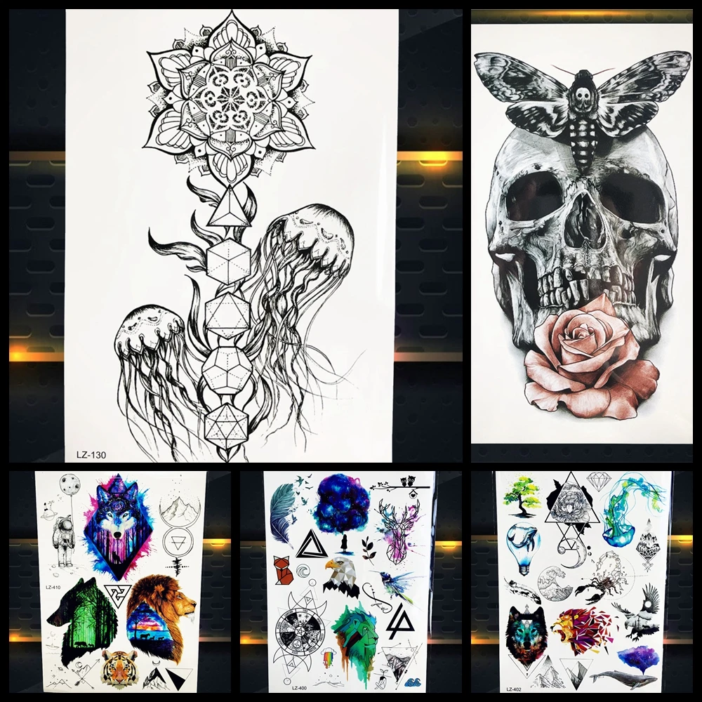 Black Jellyfish Mandala Flower Skull Temporary Tattoo Stickers Body Art Waterproof Women Tattoo Tatto Men Sexy Arm Wolf Planet Temporary Tattoos Aliexpress