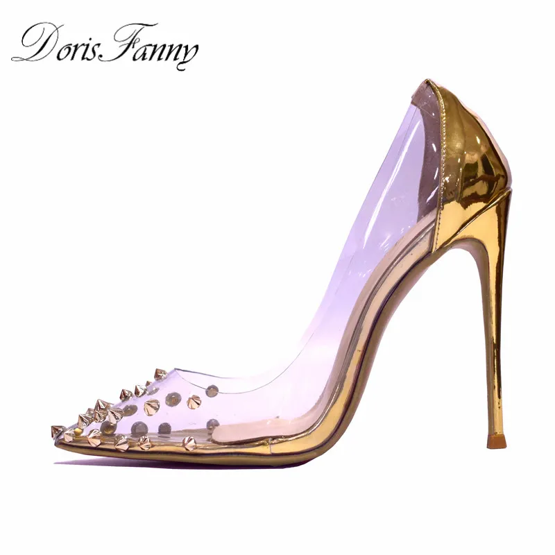 

Doris Fanny stilleto pointed toe Gold high heels women's shoes 2019 transparent wedding ladies shoes studded heels