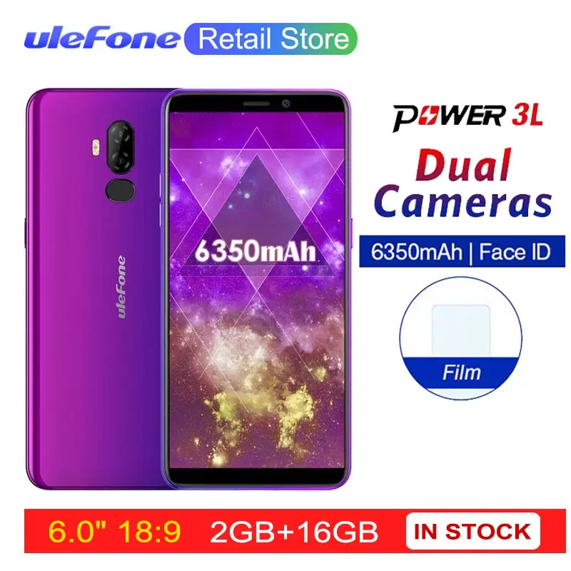 

Ulefone Power 3L 6.0" HD+ Android 8.1 Mobile Phone MTK6739 Quad Core 2GB+16GB 13MP+5MP Camera 6350mAh Face ID 4G Smartphone