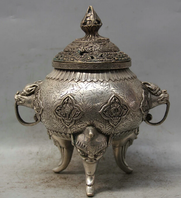 8&quot Mraked Tibetan Silver 8 Auspicious Symbol Dragon Handle Incense Burner Censer R0710 Discount 35% | Дом и сад