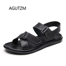 AGUTZM 1182 летний черный с двойной пряжкой и застежкой-липучкой тиснением из бычьей кожи, на плоской подошве на каблуке Для мужчин, пляжные сандалии, обувь