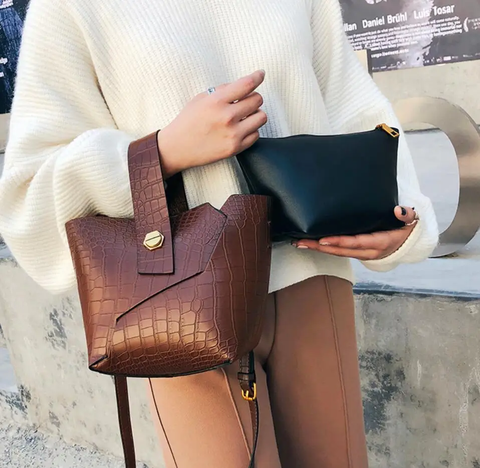 خمر الجلود حقيبة يد فاخرة الإناث حقيبة سلة مصمم حقيبة يد التمساح دلو الكتف رسول Crossbody حقائب للنساء