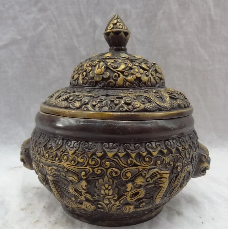 

S4222 Tibet Bronze Buddhism FengShui Myth Fly Dragon Ball Statue Incense Burner Censer D0317