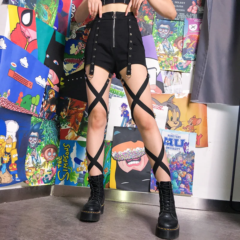Женские уличные ремни с петельками Мини Короткие шорты с высокой талией рейв одежда черный секретный готический панк-рок сексуальные обтягивающие шорты