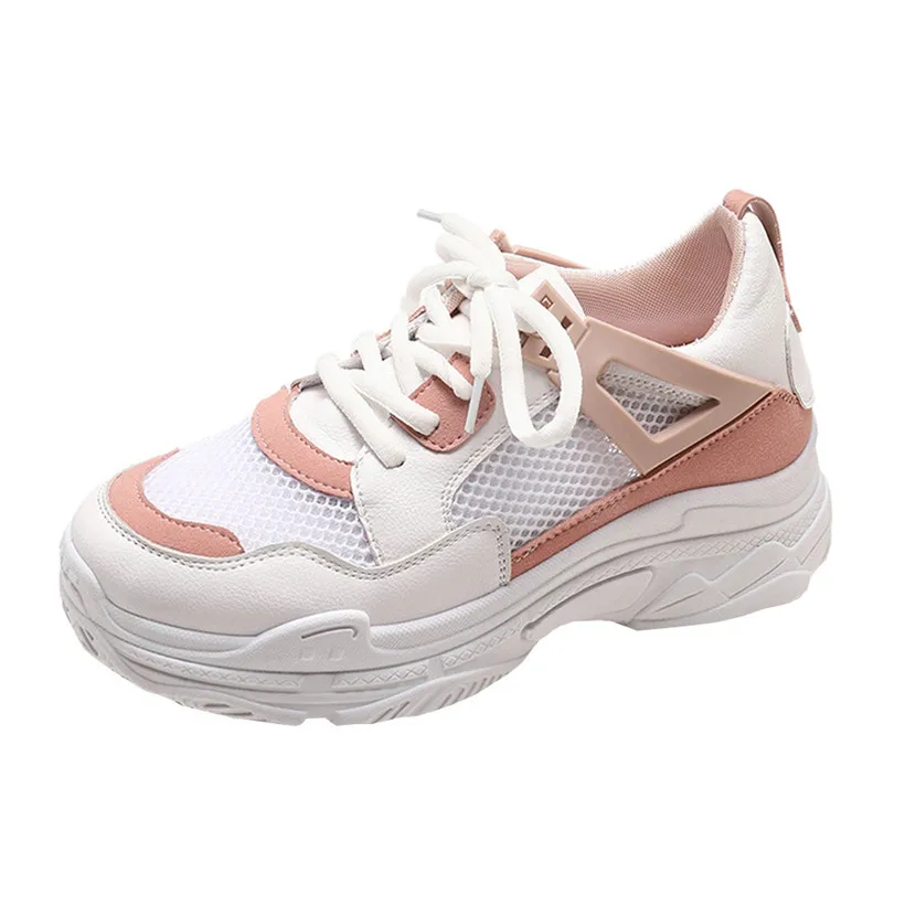 Женская обувь для бега; женская спортивная обувь с дышащей сеткой; женские кроссовки на шнуровке; zapatillas mujer Deportiva - Цвет: Розовый