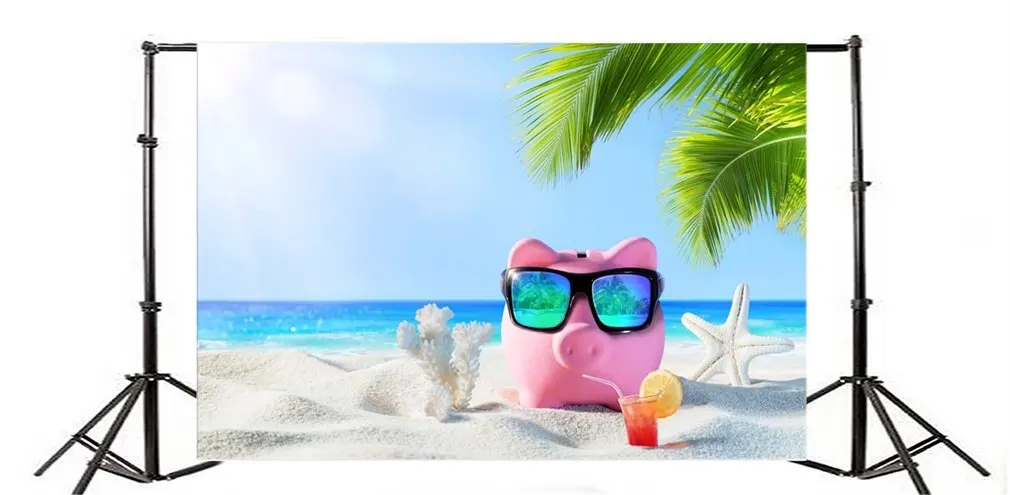 

Photography Backdrop Seaside Sand Beach Cartoon Pink Pig Blue Sky