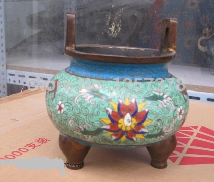 

shitou 00891 6"Sino Chinese vintage Cloisonne bronze Lotus Censer blue incense burner