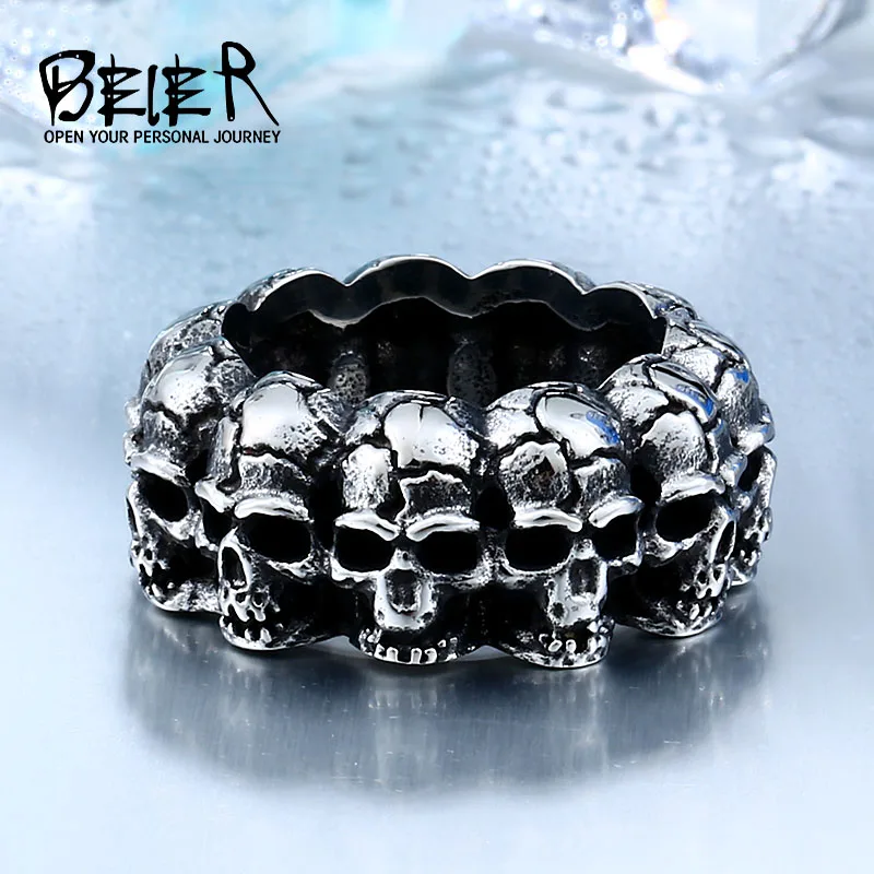BEIER, уникальный тяжелый металлический череп для мужчин, нержавеющая сталь, титановое мужское кольцо в стиле панк,, BR8-225