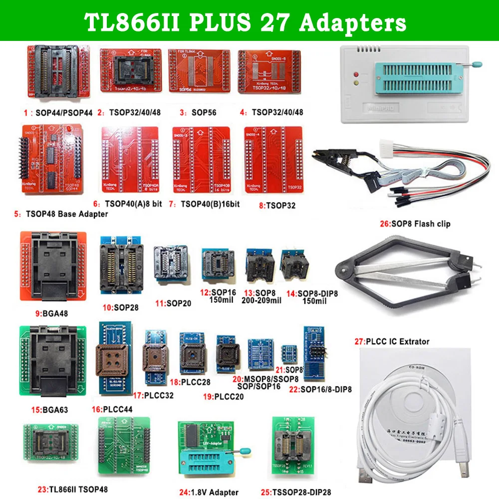 

Minipro TL866II Plus USB Universal Programmer Support NAND Flash AVR MCU GAL PIC SPI + 25 Adapters With Extractor Clip