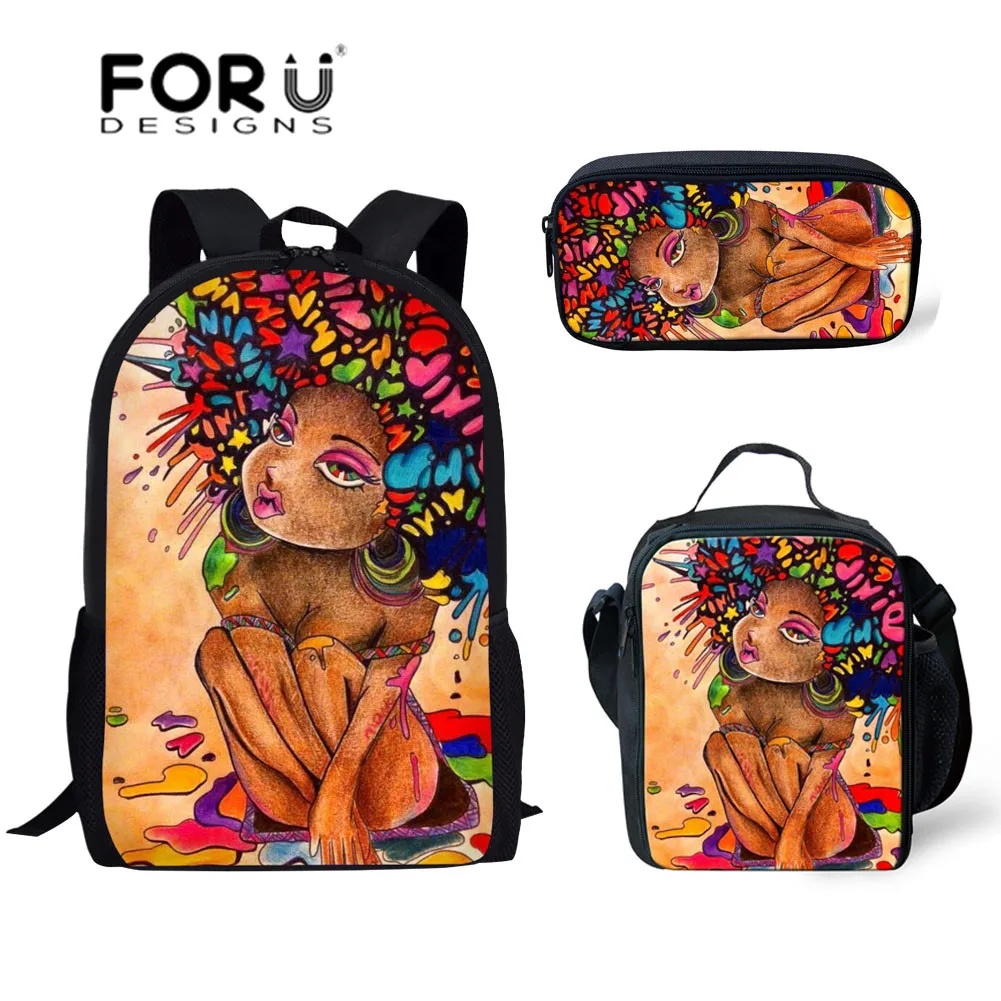 FORUDESIGNS Women Backpack Black Art African American Girls Backpack for School Kids 3pcs/set