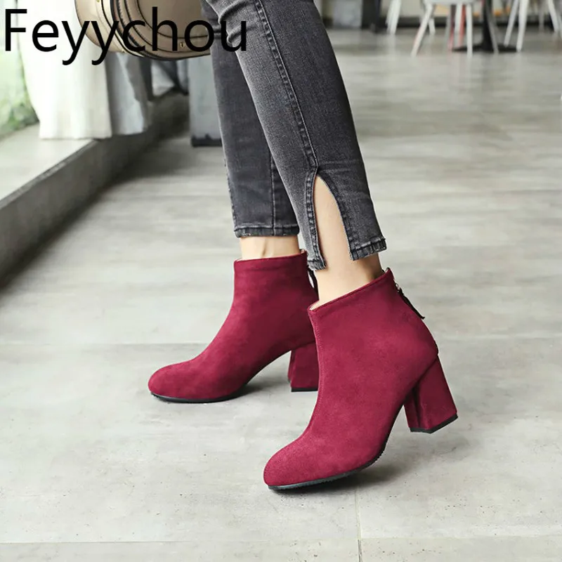 

Women Boots Autumn Winter High Heel Warm Flock Back Zipper Ankle Motorcycle Chelsea Shoes 2018 Sexy New Fashion Black yellow