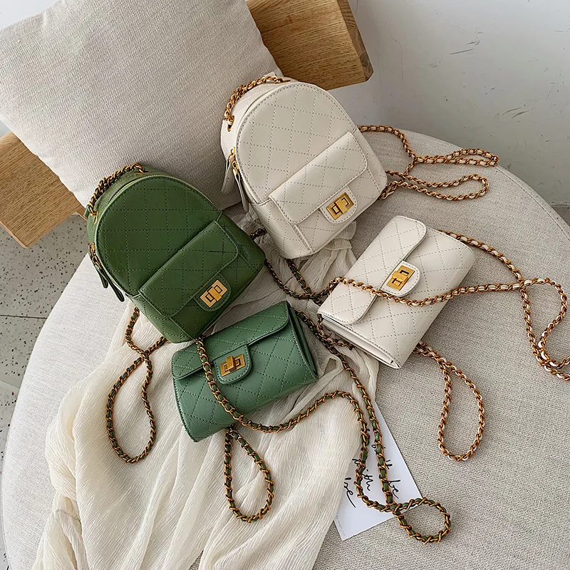 

High quality designer brand backpack purse and bookbag school bag diamond latttice korean style ladies vintage gold metal chain