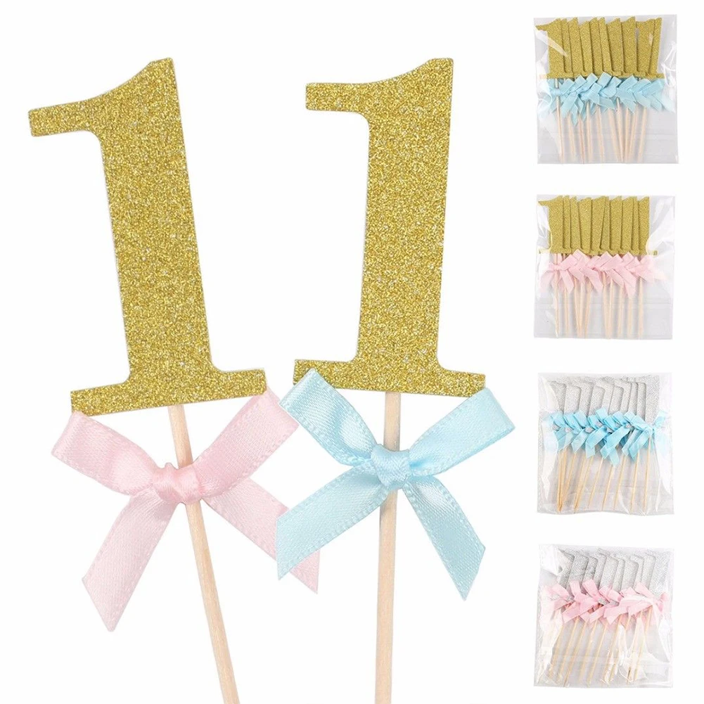 10Pcs First Birthday Cupcake Glitter Paper Bow Toppers,1st Year Party Cake Decoration for Boy Girl