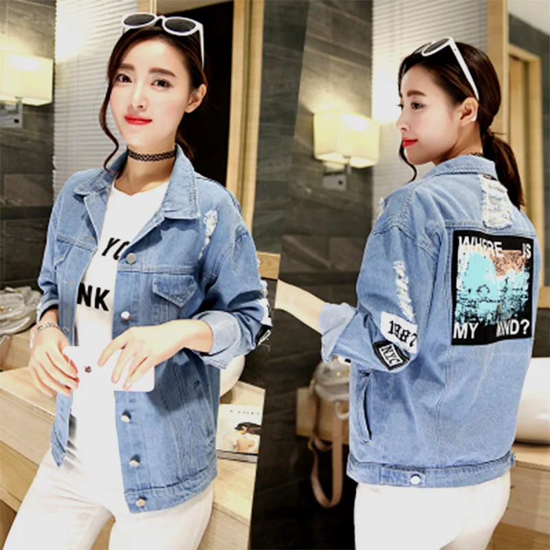 

Fannic Women Frayed Denim Bomber Jacket Appliques Print Where My Mind Lady Vintage Elegant Outwear Autumn Fashion Coat Vangull