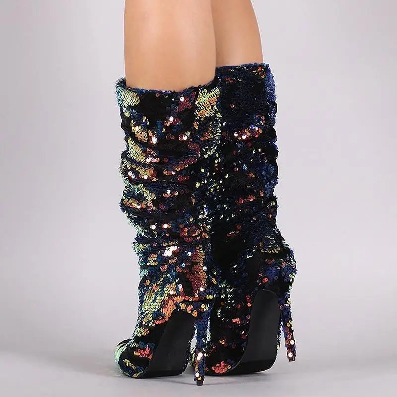 Для женщин Блестящий Bling сапоги до колена острым съемки Цвет соответствующие ботинки челси на высоком каблуке туфли для вечеринки Для женщин