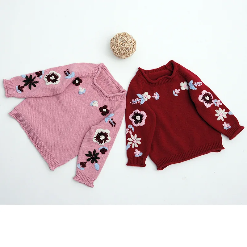 Весенний свитер для маленьких девочек с цветочной вышивкой ручной работы вязаный для новорожденных Кардиган с круглым вырезом зимний детский пуловер для малышей