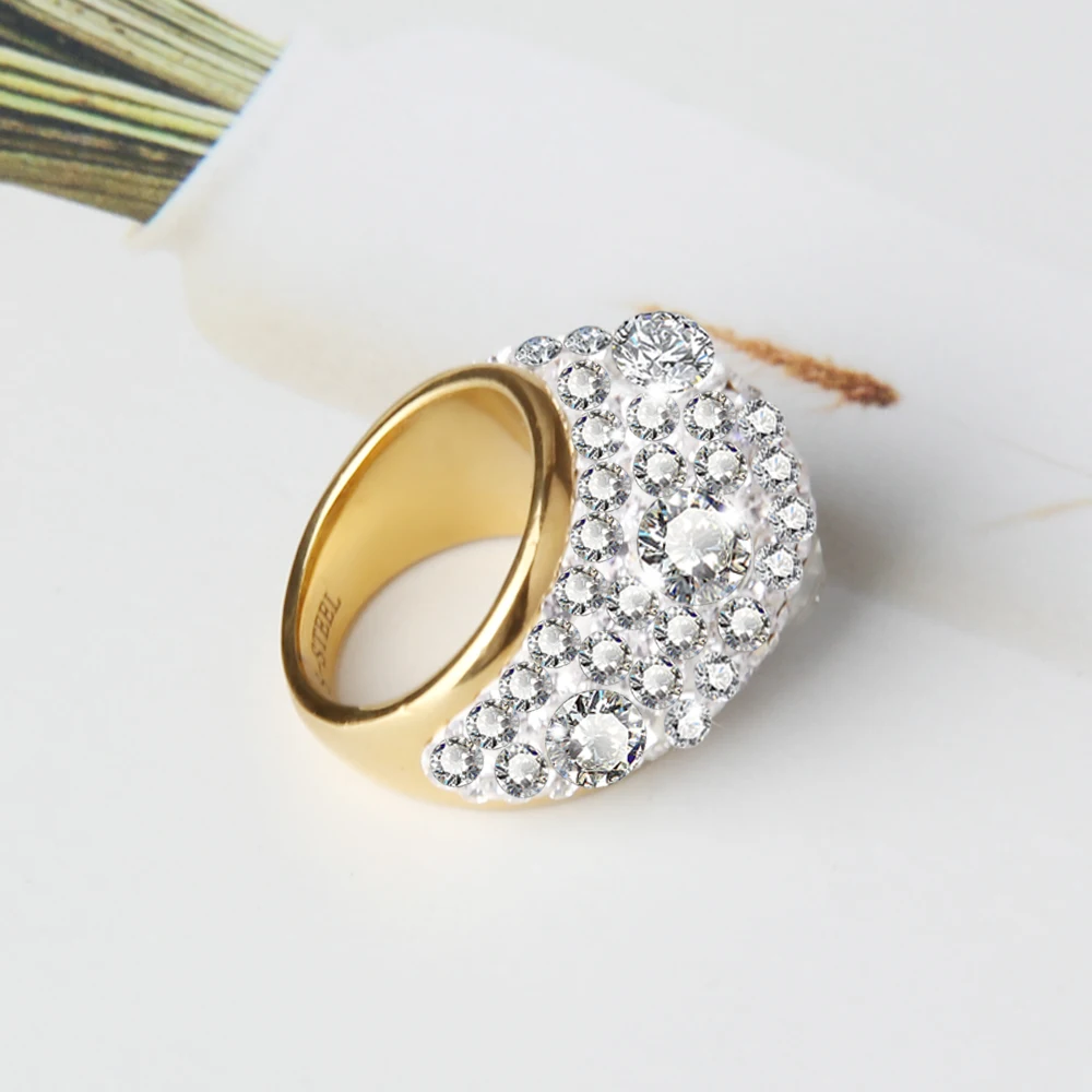 Мода Ясно австрийский хрусталь, свадьба кольца с золотой Цвет Высокое качество нержавеющей стальные кольца ювелирные изделия Аксессуары для Для женщин