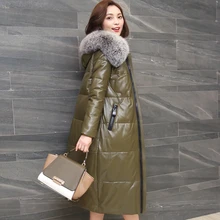 Ptslan 2017 New Genuine Leather Sheepskin Leather Down Jacket Women’s Long Fox Fur Collar Collar Cultivating Coat hooded