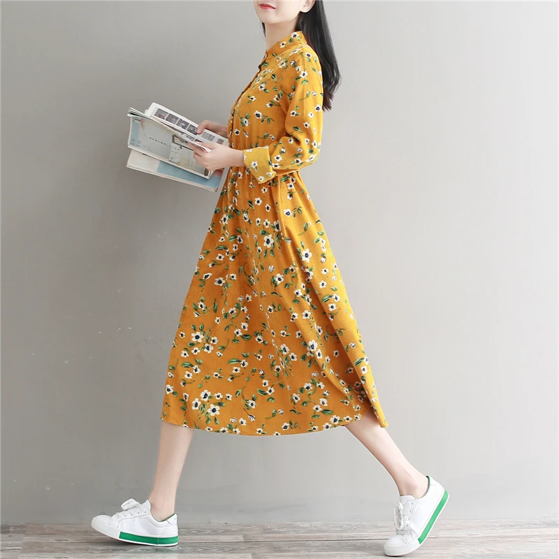 Robe Femme, весенне-осенняя одежда, женское вельветовое платье с длинным рукавом и цветочным принтом, Mori Girl, милое длинное платье макси, Vestidos