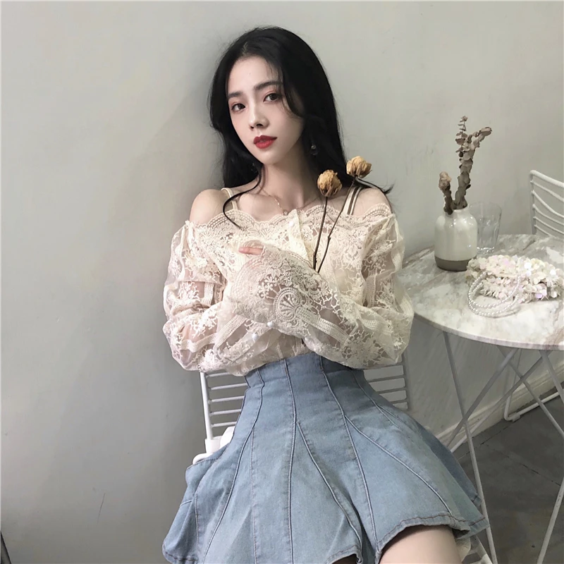 

Women's Clothing Vintage Lace Floral strapless Slash Neck long sleeve Women Blouses sexy perspective Women Shirts New Spring