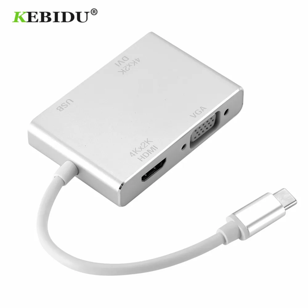 

KEBIDU 4 in 1 USB C HUB Splitter USB 3.1 USB C Type C to HDMI VGA DVI USB 3.0 Adapter Cable for Laptop Apple