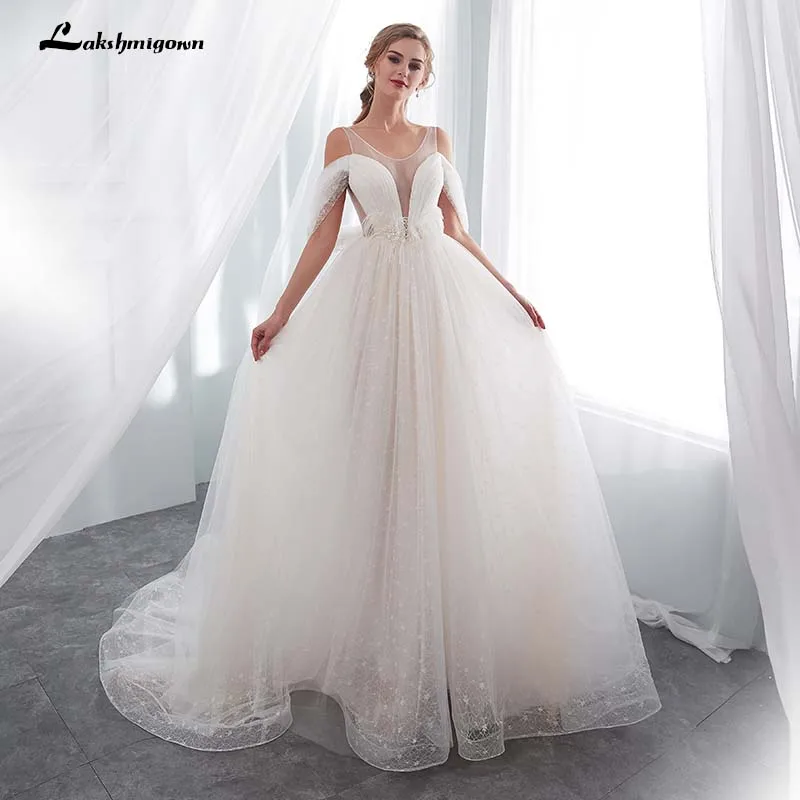 

Gorgeous A-Line Wedding Dresses Lace Beaded Applique Boat Neck Wedding Gowns robe de mariage vestido de novia
