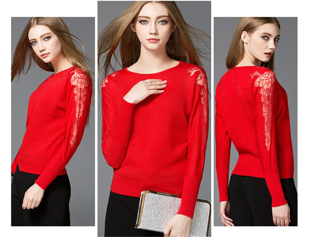 Autumn Lace sleeve Sweater T shirt for women 2017 knitted pullover sweater T shirt Women winter warm knitting sweater shirt (1)