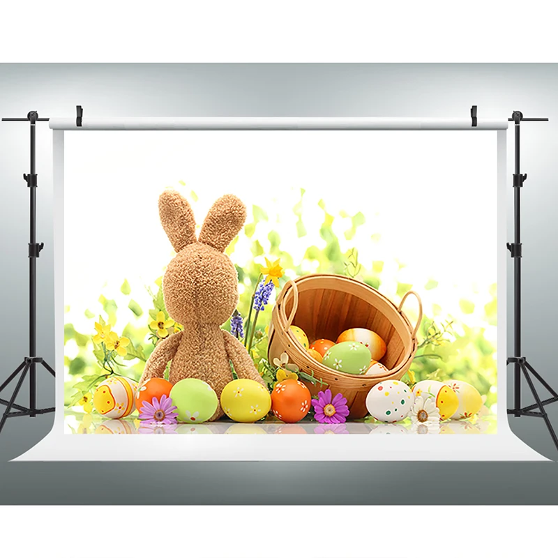 

Easter Photography Backdrops Purple Flowers Bear Computer Printing Background White Egg Easter Backdrops for Photographic Studio