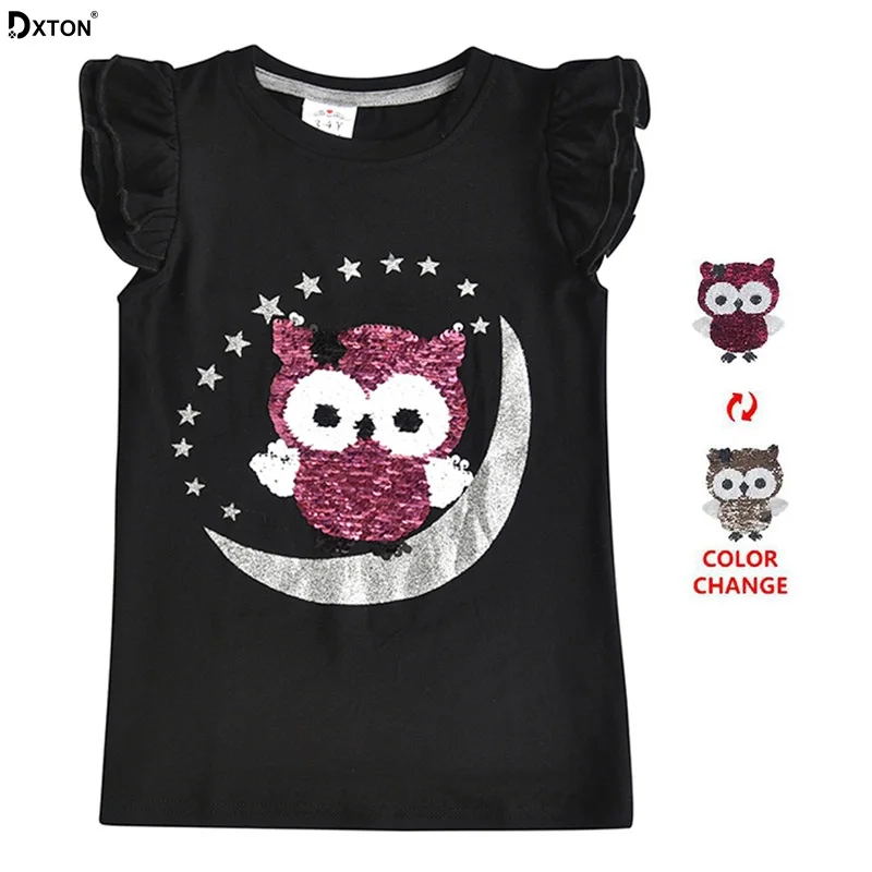 

Dxton Girls T-shirt Sequin Tees Tops Summer t-shirt For Girls Owl Pattern Kids Tees Animal Flare Sleeve Summer Girls Tops 3-8Y