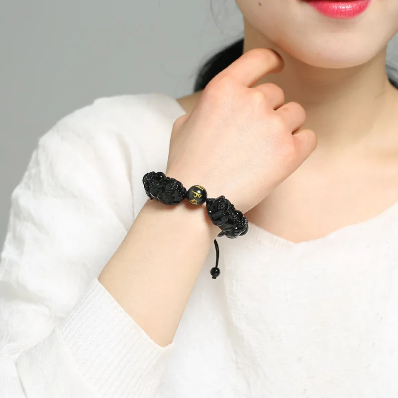 Jewelry Bracelet Natural Obsidian Double Pixiu Rope Chain Beaded Bracelet Wealth Pixiu Dragon Adjustment Bracelets For Men Women
