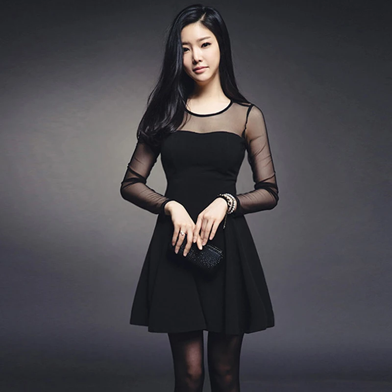 

2017HOT Spring sexy perspective gauze one-piece dress all-match a-line long-sleeve slim basic freeshipping