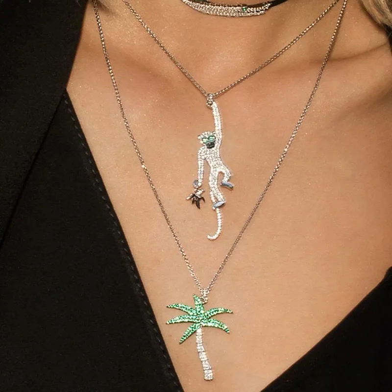 

2019 Top qulity summer style fine Coconut Palm Tree CZ Pendant Necklace paved full AAA green Cubic Zirconia Monaco Women Jewelry