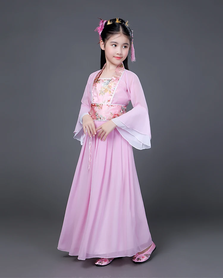 Платье феи китайской династии Хань на Хэллоуин с длинными расклешенными рукавами новогодние костюмы для девочек, нарядное платье для девочек зеленый, красный, розовый