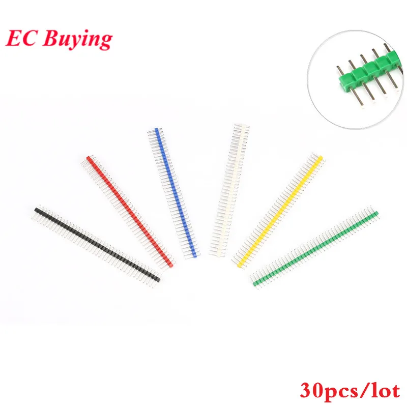 

30pcs 40 Pin 1x40 Single Row Male 2.54 Breakable Pin Header Strip Connector Strip 40P Colorful Connector Kit for PCB Board
