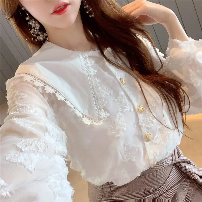 HziriP 2019 Spring Fashion Elegant Women Blouses Peter Pen Collar Casual Sweet Chiffon Shirt Solid Face Floral Tops Shirts | Женская
