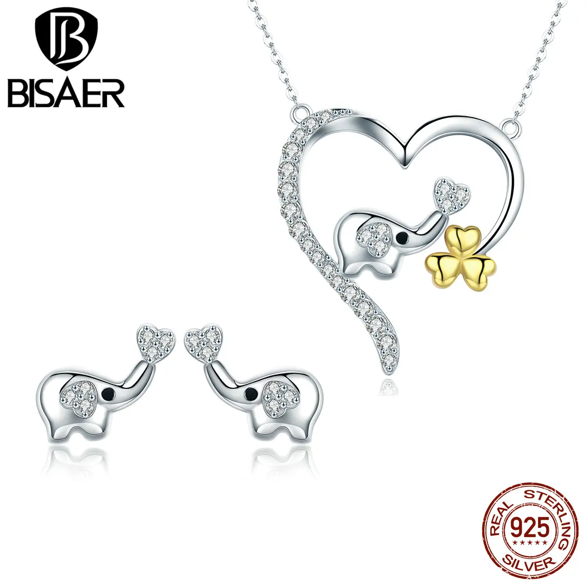 

BISAER Authentic 925 Sterling Silver Lucky Elephant Animal Earrings and Necklace Silver Jewelry Set Women Jewelry Gift HPS064