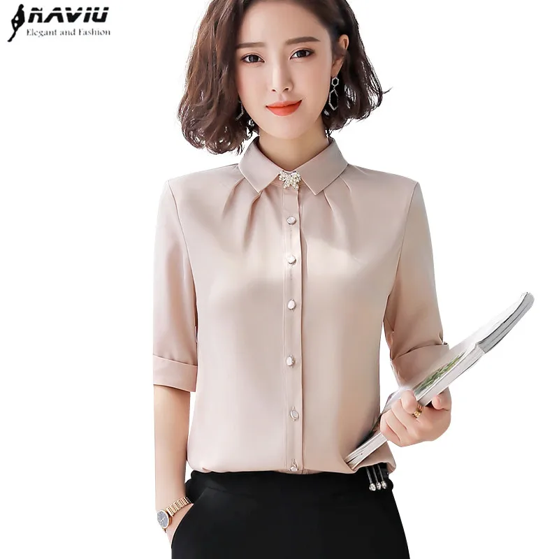 

Summer Fashion women Chiffon shirt Send brooch half sleeve slim blouse office ladies formal Business interview plus size tops