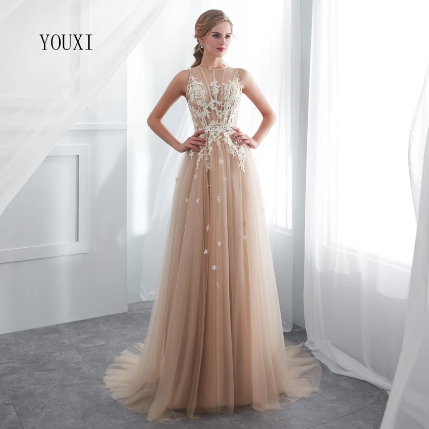 Champagne Prom Dresses YOUXI O-Neck Sexy Sheer Neck Lace Applique A-Line Sleeveless Sweep Train Long Party Evening Gowns