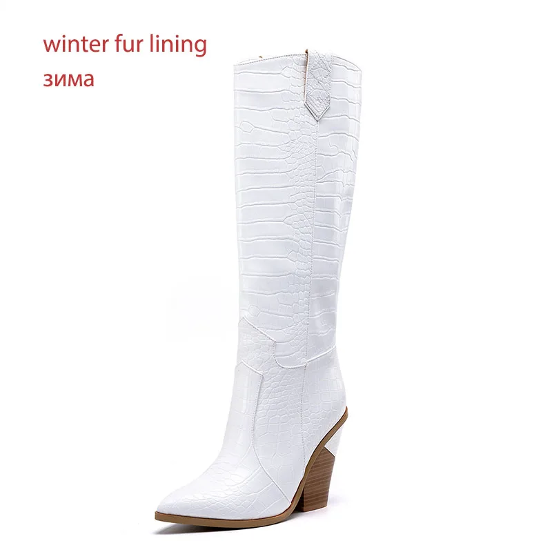 WETKISS Plus Size 46 Knee High Western Boots Women Cowboy Boot Female Pointed Toe Sexy Shoes 11 Colors High Heels Shoes Winter - Цвет: white thick fur