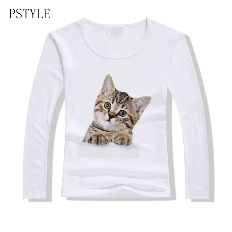 

Long Sleeve T Shirt Women Animal Cat T-shirt Cute Female O-neck White Tshirt Girls Fashion Top Tee Brand PSTYLE Spring Clothes