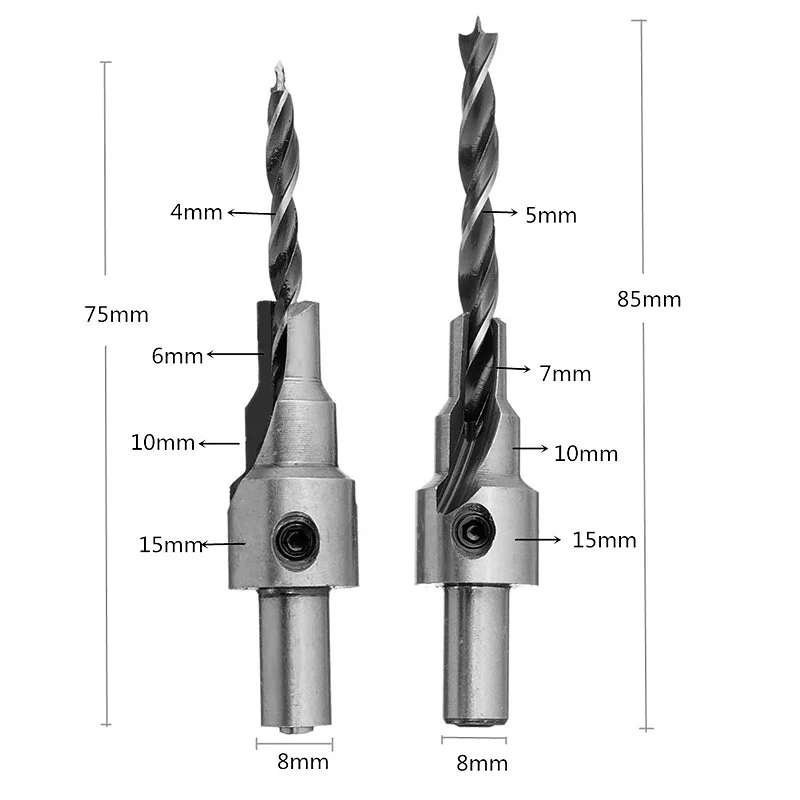 

1Set Countersink Drill Bit Pilot Drill Bits Set Reamer Screw Hinge Hole Saw Chamfer 4-6 5-7mm steps 8mm Shank woodworking drill