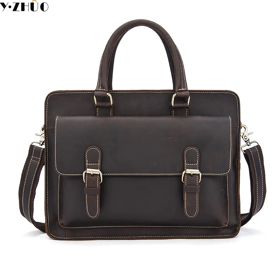 

crazy horse leather handbags tote business genuine leather briefcase crossbody bags for men 14inch shoulder crossbody bag brown