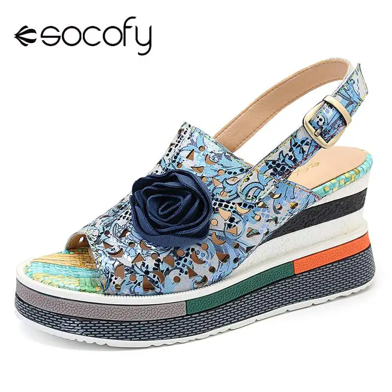 

SOCOFY Genuine Sandals Leather Floral Hollow Pattern Wedges Heel Casual Adjustable Hook Loop Sandals Elegant Summer Shoes Women