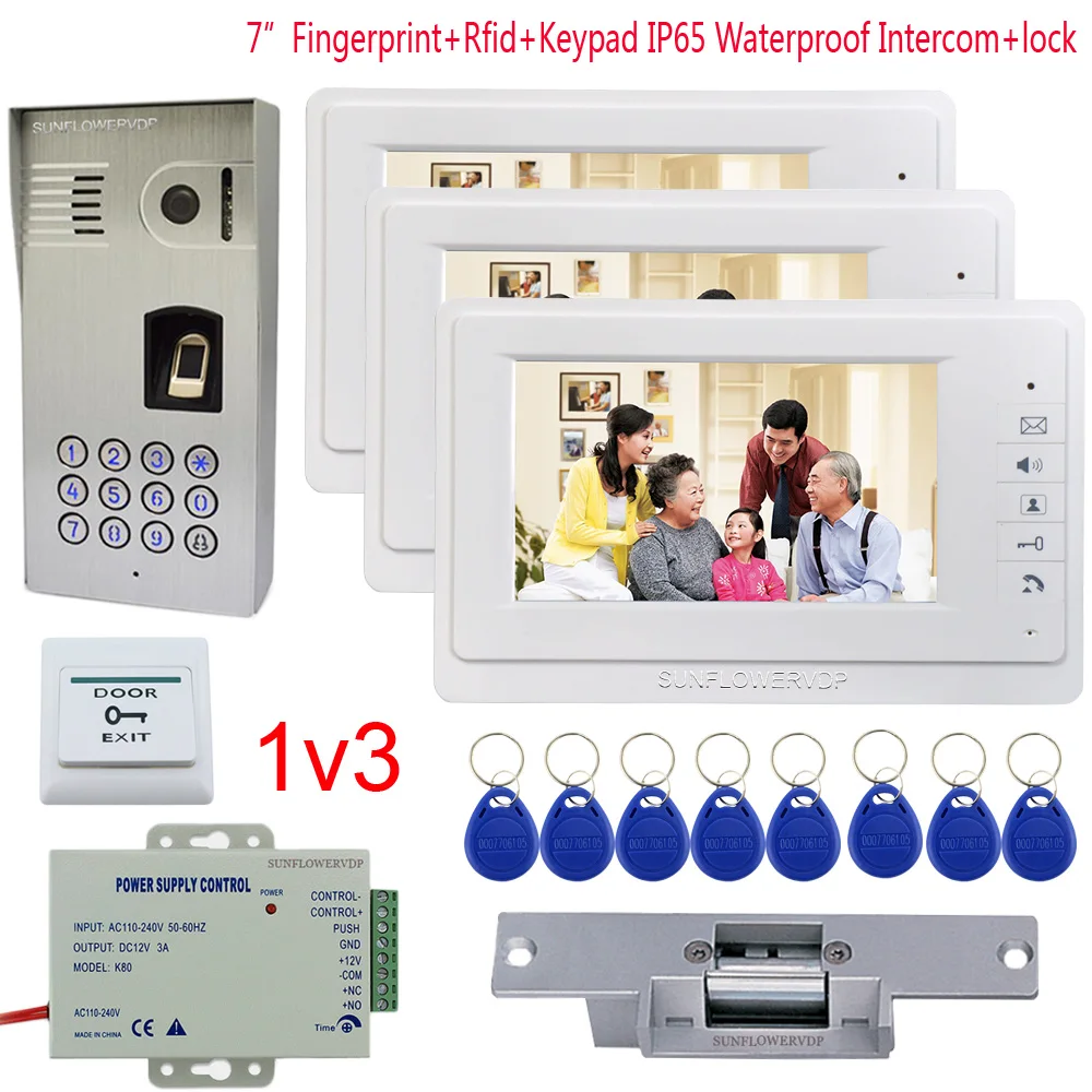 IP65 Водонепроницаемый переговорные с Камера отпечатков пальцев Rfid клавиатуры видео звонок 3 единицы 7 "Цвет монитор + Электрический замок