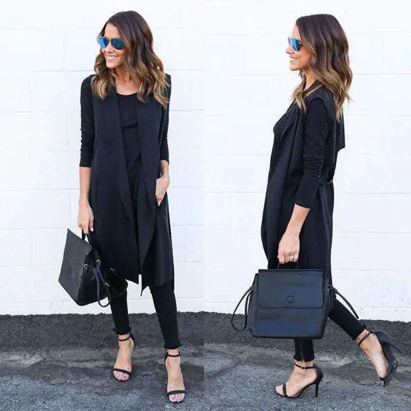 

Spring And Summer New Female Wild Solid Color Long Cardigan Coat V-Neck Sleeveless Cardigans The Vest Sleeveless Jacket