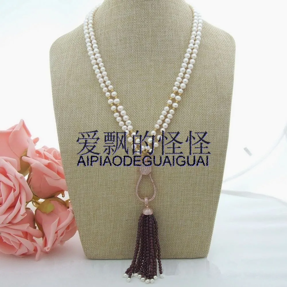 

22" 2 Strands Pearl Garnet Necklace CZ Pendant