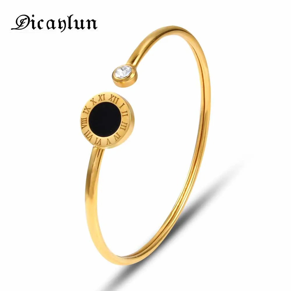 

DICAYLUN Stainless Steel Roman Numerals Bangle Bracelet Gold Open Cuff for Women Zircon Jewelry Black Enamel High Quality Gifts