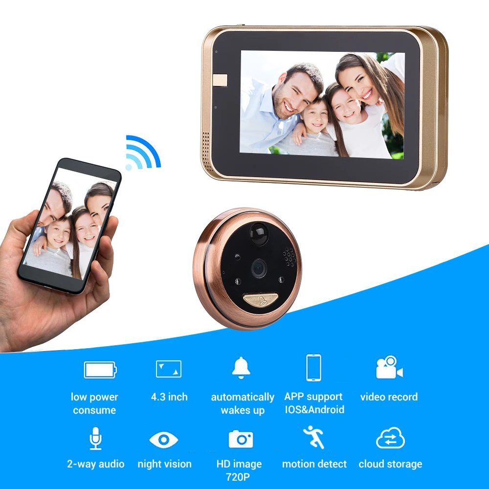 

New 4.3" Peephole WiFi HD720P Doorbell With Camera Intercom APP Remote Control For IOS Andriod PIR Motion Detect Alarm Video Eye