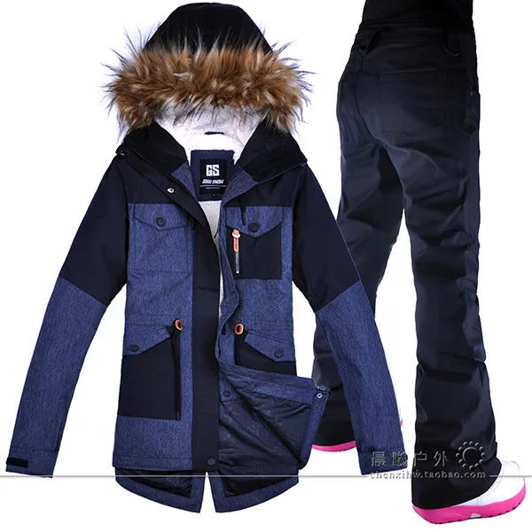 Зимний лыжный костюм Для женщин Бренды высококачественный лыжный куртка и штаны Зимние теплые Водонепроницаемый ветрозащитный Лыжный спорт и Сноубординг костюмы - Цвет: THIN BLACK-1